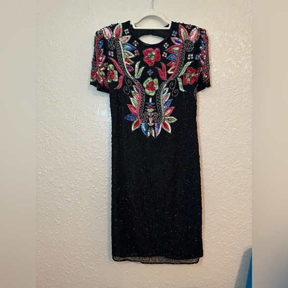 Vintage Black Beaded Sequin Cocktail Dress | Floral Art Deco Embellished Sheath - Picture 7 of 16
